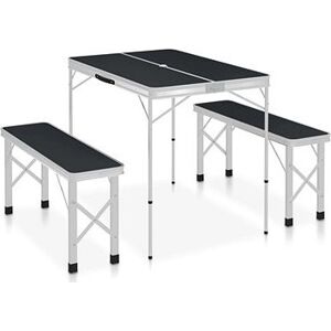 Skladací kempingový stôl s 2 lavicami hliník sivý